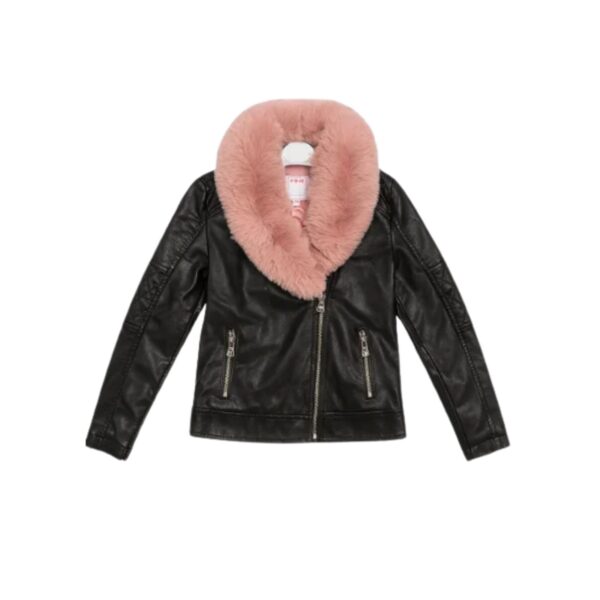 🖤🌸 Xhaketë e Zezë për Vajza me Jakë Peliçe Rozë - Stil & Elegancë