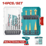 Set profesional TOTAL 14 copë me stërvitëse HSS, step bits dhe countersink bits