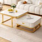 🤍✨ Tavolinë Moderne për Sallon - Set 2 Copë (Gold & White, Marble Finish)
