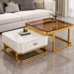 🤍✨ Tavolinë Moderne për Sallon - Set 2 Copë (Golden White, Marble Finish)