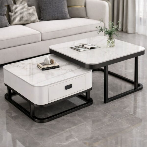 🤍🖤 Tavolinë Moderne Katror - Set 2 Copë me Sirtar (White & Black Frame)