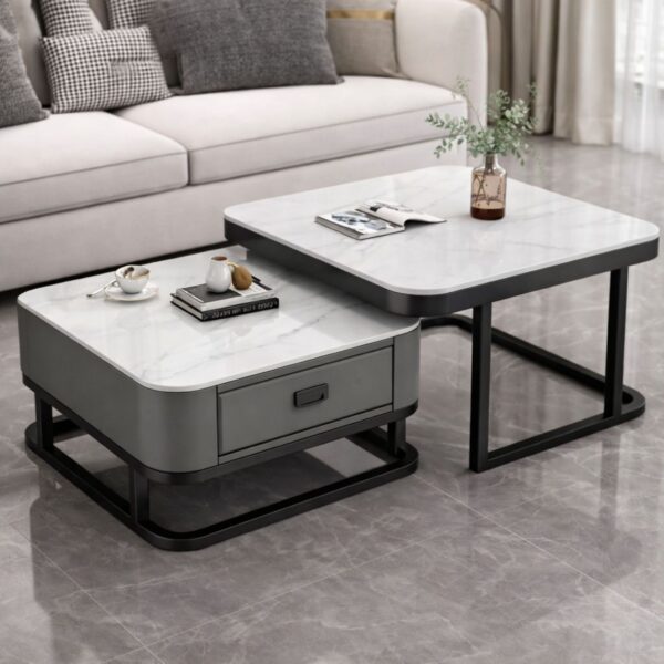 🤍🖤 Tavolinë Moderne 2në1 për Sallon - Dizajn Mermeri me Sirtar (60cm + 70cm)