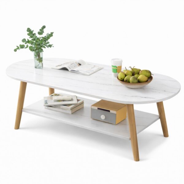 Tavolinë Kafeje Ovale - Stil Skandinav me Raft Poshtë