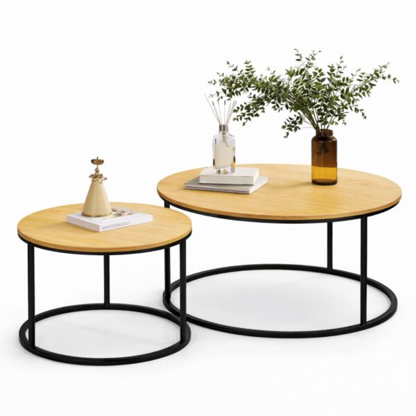 Set Tavolinash Rrethore - Dru Natyral & Metal i Zi 🌿🖤✨