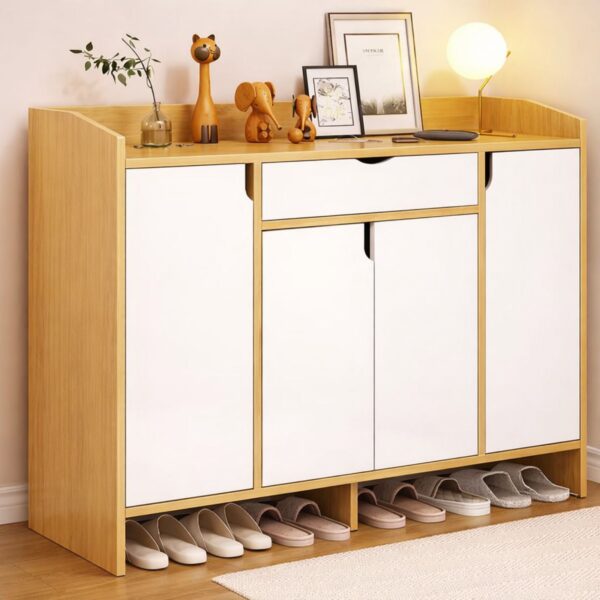 🪵 Dollap për Këpucë me Sirtar & Dyer – Dizajn Modern Druri Natyral (120×30×80 cm)