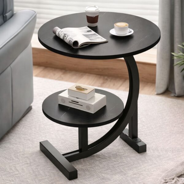 🪑 Tavolinë Anësore Rrethore 2 Nivele - Coffee Table Moderne me Raft (40×40×60 cm)