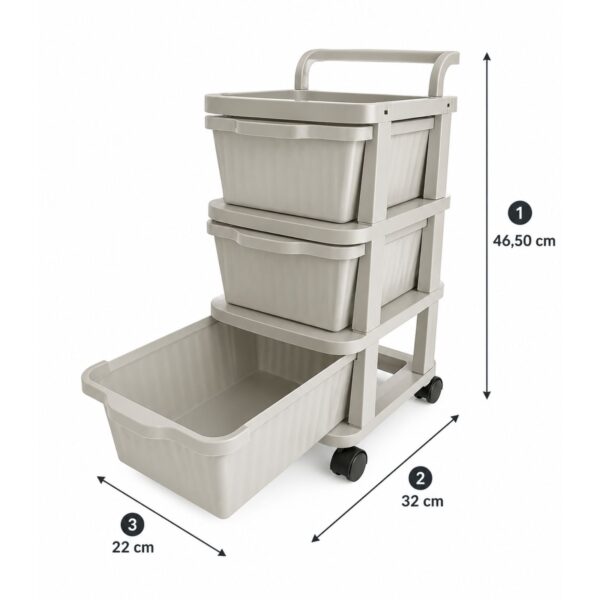 🧺 Organizues Plastik me 3 Sirtarë - Me Rrota (Ivory)