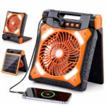 Ventilator Solar Portativ me Dritë LED & Power Bank - Rechargeable Fan për Camping & Udhëtime (Orange) ☀️🔋