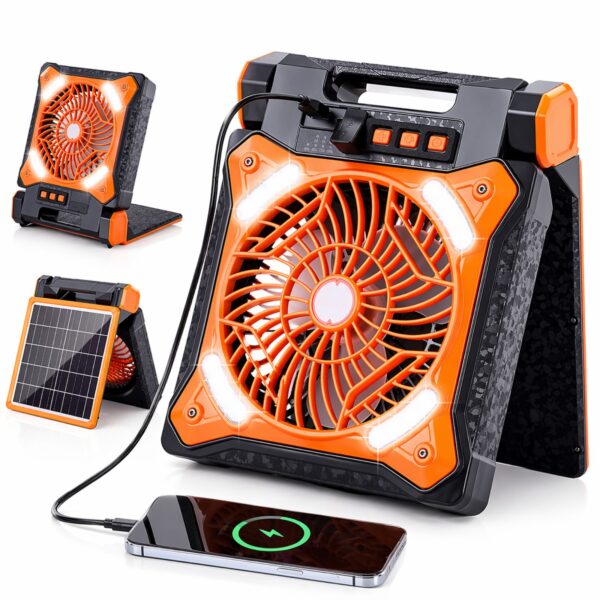 Ventilator Solar Portativ me Dritë LED & Power Bank - Rechargeable Fan për Camping & Udhëtime (Orange) ☀️🔋