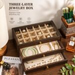 Kuti për Bizhuteri Luksoze 3 Nivele – Organizues me Dru (Wood Grain) & Kapak Transparent (Dark Brown, LD-1032) - Figura 2