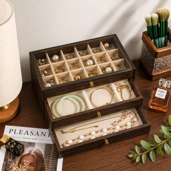 Kuti për Bizhuteri Luksoze 3 Nivele – Organizues me Dru (Wood Grain) & Kapak Transparent (Dark Brown, LD-1032)