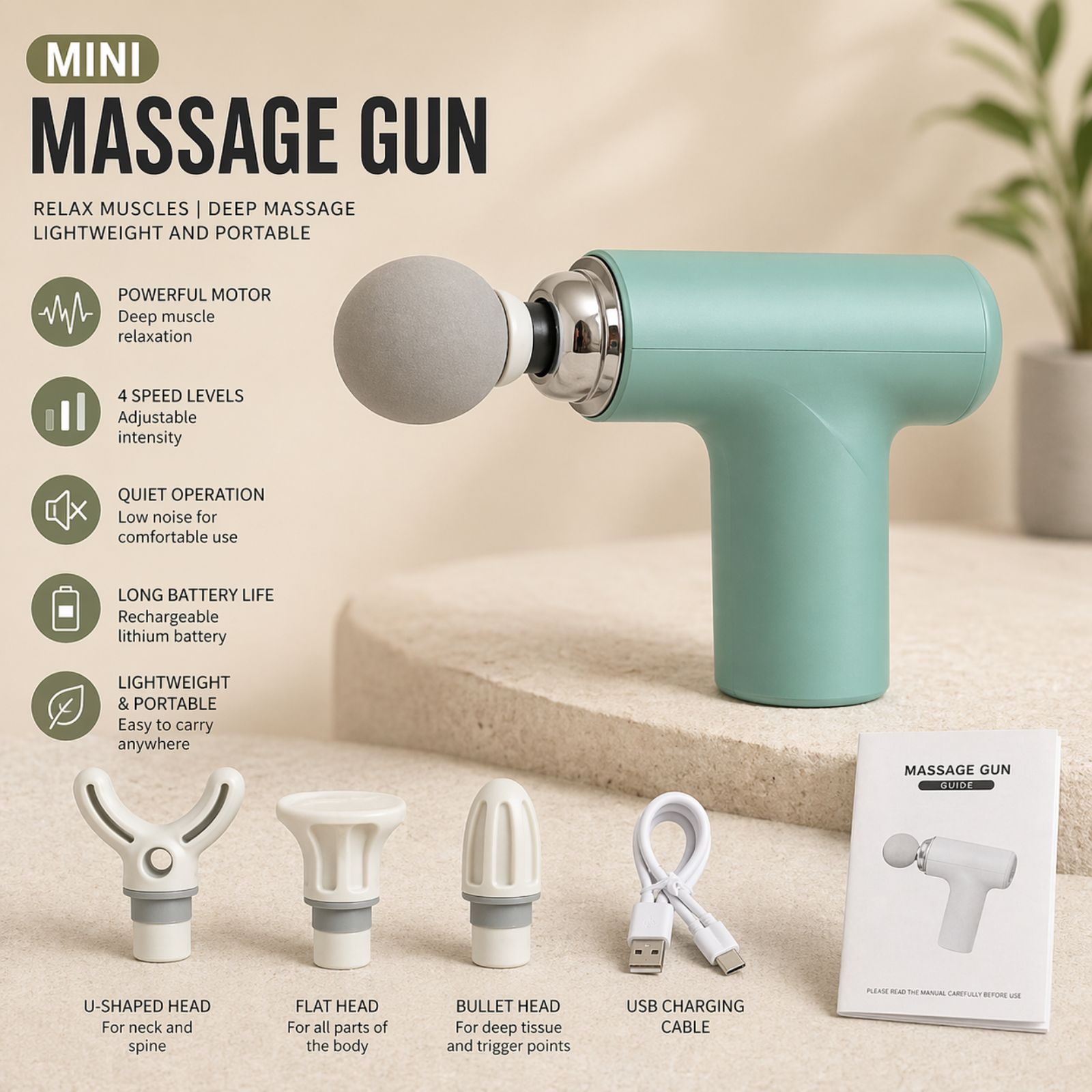 💆‍♀️ Mini Massage Gun Portative - Pajisje Masazhi për Relaksim & Lehtësim Dhimbjeje (4 Koka) - Figura 3