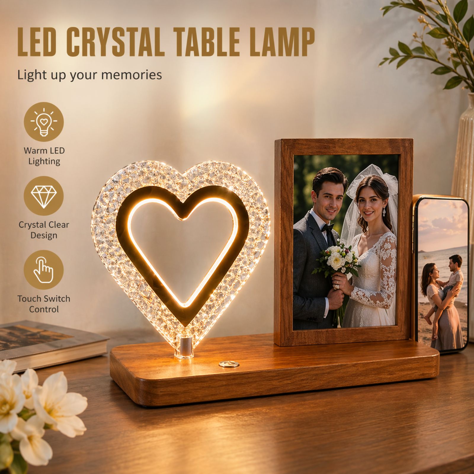 ❤️ Lampë LED Kristali me Formë Zemre & Kornizë Fotoje = Dhuratë Romantike - Figura 2